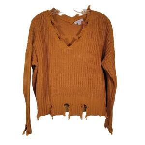 Wonderly Distressed Knit Sweater V-Neck Drop Shoulder Pullover Mustard Small